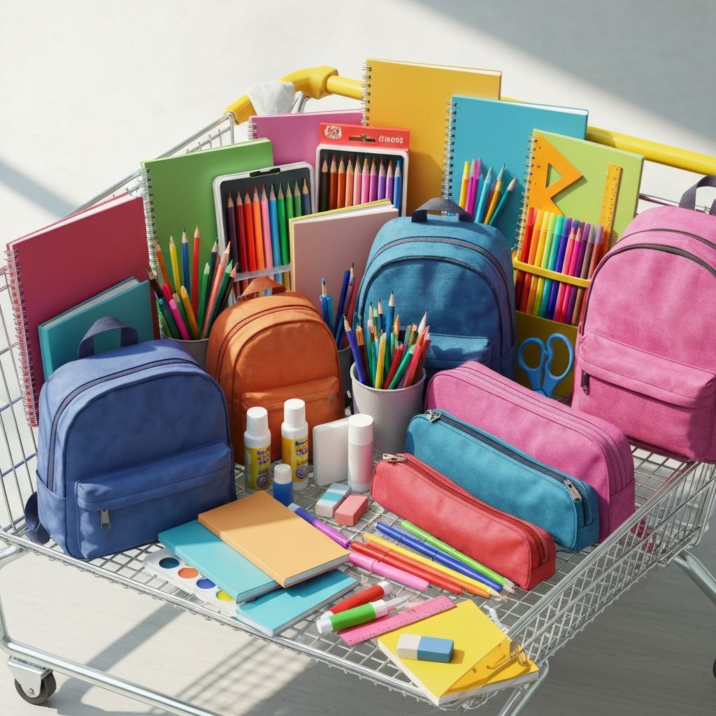 Carrinho de compras cheio de materiais escolares
